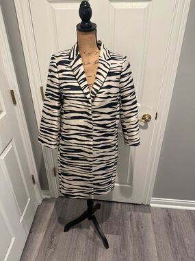 Ann Taylor Navy and Cream Zebra-Print Trench Coat